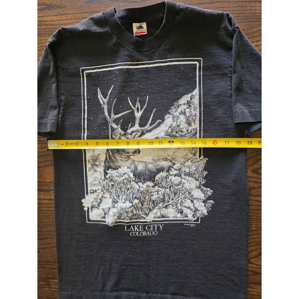 90s Vintage Single Stitch Fruit of the Loom Lake City CO Deer Graphic Tee L - Picture 4 of 6